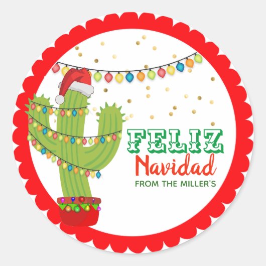 Kerstcactus Feliz Navidad Ronde Sticker (Voorkant)