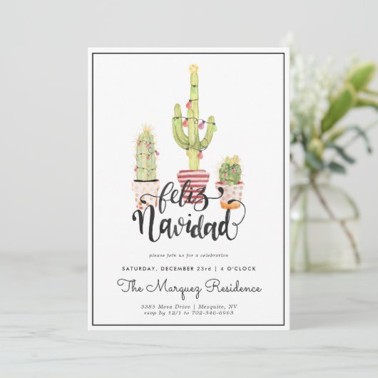 Kerstcactus | Uitnodiging Feliz Navidad-partij (Staand voorkant)