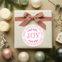 Kerstcadeau-etiket met JOY Roze Kerstboodschap