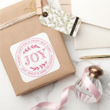 Kerstcadeau-etiket met JOY Roze Kerstboodschap