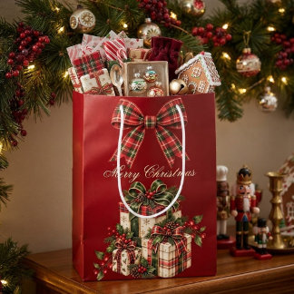 Kerstcadeau met Bourgondisch rode geruite strik Medium Cadeauzakje