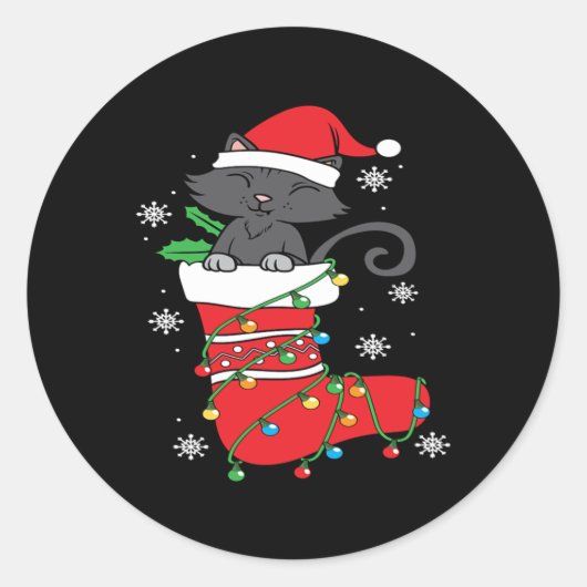 kerstcadeau met zwarte kat ronde sticker (Voorkant)