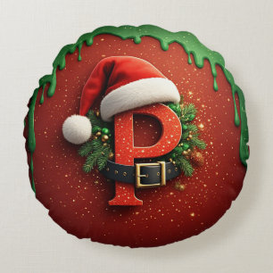 Kerstcadeau Monogram P met kerstmuts Rond Kussen