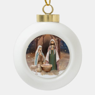 kerstcadeau op de nativiteitsscène keramische bal ornament