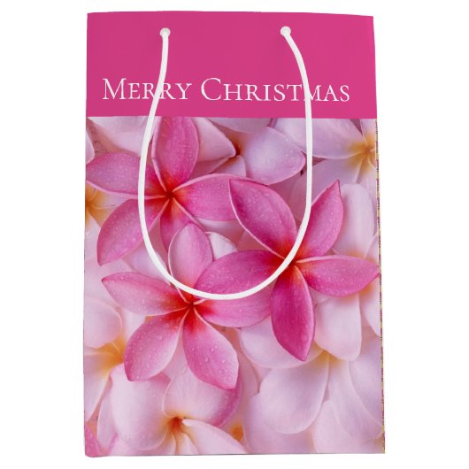 Kerstcadeau Tas-Merry Christmas Plumeria Plaid Medium Cadeauzakje (Voorkant)