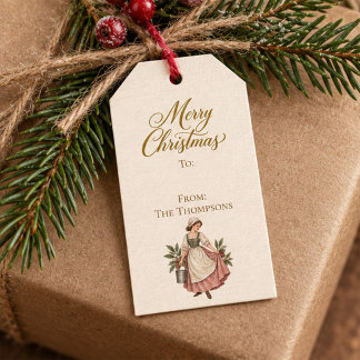 Kerstcadeau voor een vintage dienstmeid die melkt cadeaulabel