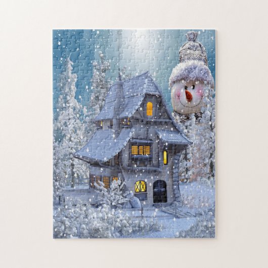 Kerstcadeau Winter Witte Sneeuwman Blauw Rustiek Legpuzzel (Verticaal)