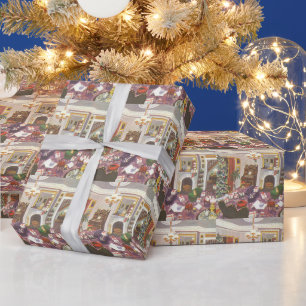 Kerstcadeaus verpakt in de woonkamer in vintage st cadeaupapier