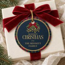 Kerstcadeautag Navy Plaid Rode Strik
