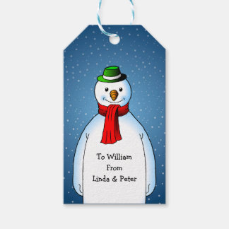 Kerstcadeautags met blije sneeuwman cadeaulabel