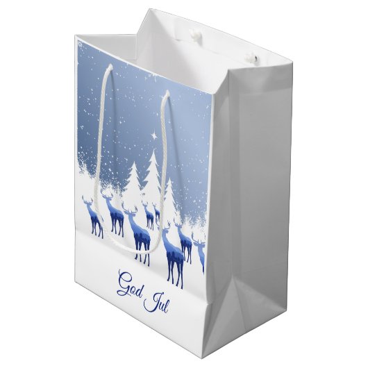 Kerstcadeautas Blauw Hert God Jul Medium Cadeauzakje (Voorkant Gekanteld)