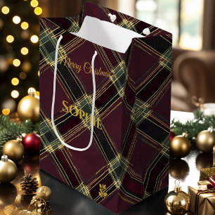 Kerstcadeautas Schotse ruit Gouden patroon Medium Cadeauzakje