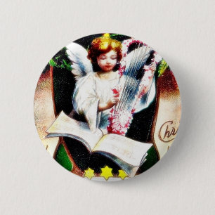 kerstcadeautje met een engel die muziek speelt ronde button 5,7 cm