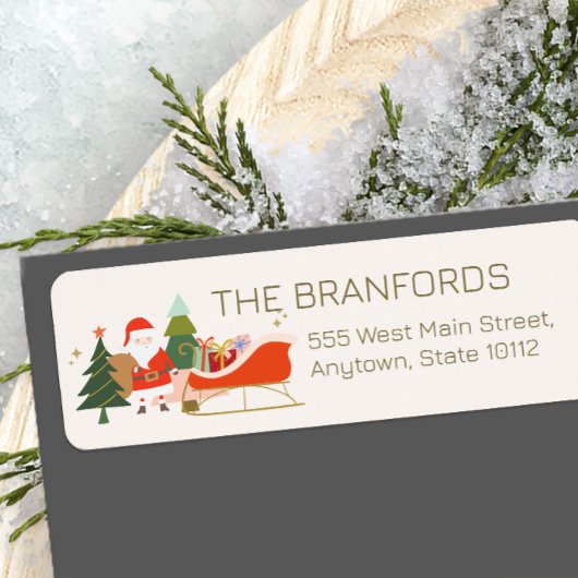 Kerstcadeautjes op de slee van de kerstman etiket