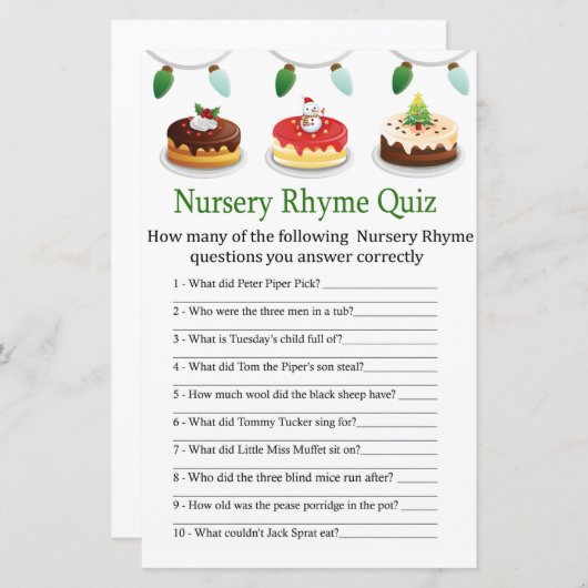 kerstcake Nursery Rhyme Quiz baby shower game (Voorkant / Achterkant)