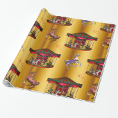 Kerstcarrouselpaarden op goud cadeaupapier (Uitgerold)