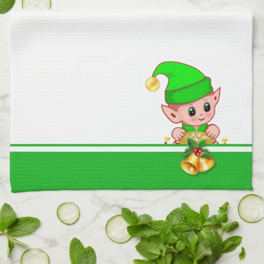 Kerstcellen en Cute Elf op groen en wit Theedoek (Gevouwen)