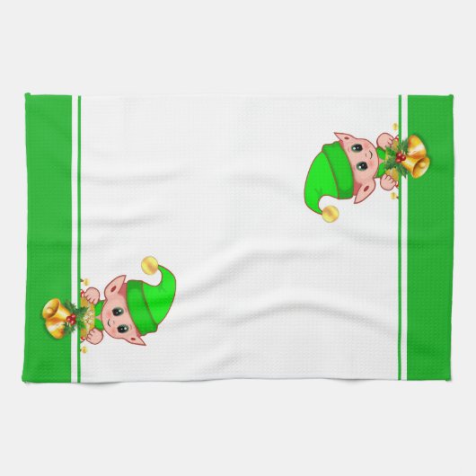 Kerstcellen en Cute Elf op groen en wit Theedoek (Horizontaal)