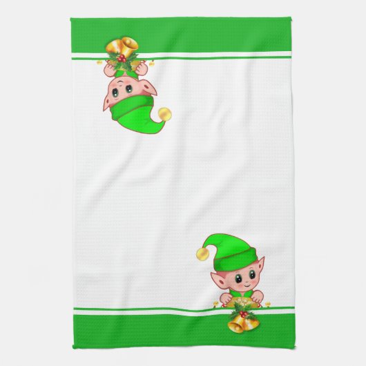 Kerstcellen en Cute Elf op groen en wit Theedoek (Verticaal)