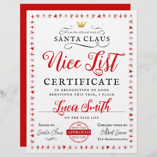 Kerstcertificaat van Nice (Voorkant / Achterkant)