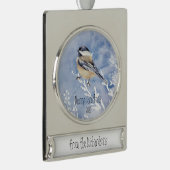 Kerstcichorei Vogelwinter Aangepaste datum Verzilverd Banner Ornament (Rechts)