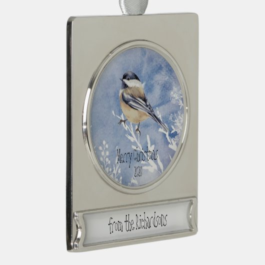 Kerstcichorei Vogelwinter Aangepaste datum Verzilverd Banner Ornament (Rechts)
