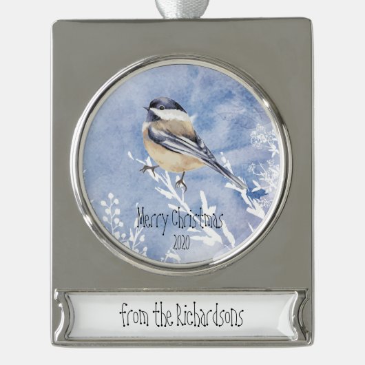 Kerstcichorei Vogelwinter Aangepaste datum Verzilverd Banner Ornament (Voorkant)