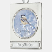 Kerstcichorei Vogelwinter Aangepaste datum Verzilverd Banner Ornament (Links)