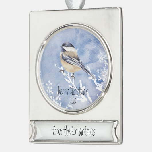 Kerstcichorei Vogelwinter Aangepaste datum Verzilverd Banner Ornament (Links)