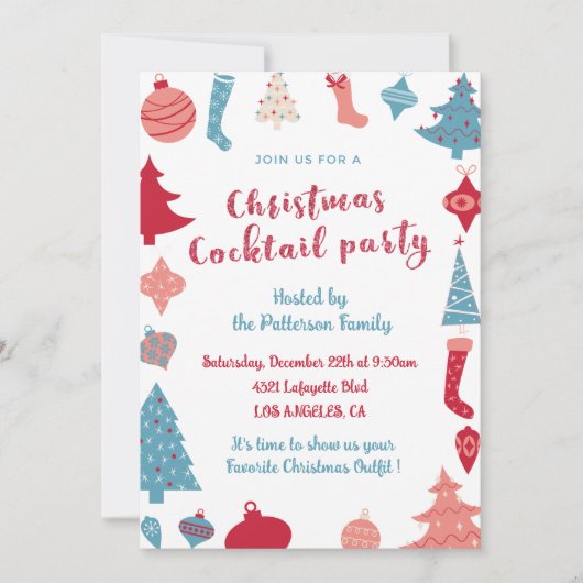 Kerstcocktail uitnodiging Schattige roze en blauw (Voorkant)