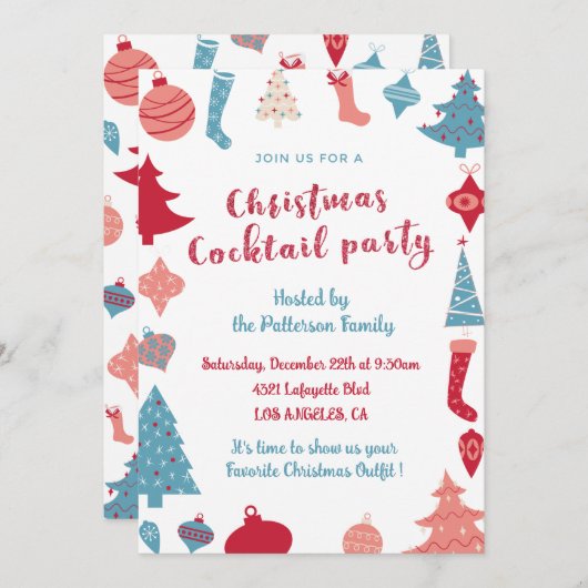 Kerstcocktail uitnodiging Schattige roze en blauw (Voorkant / Achterkant)