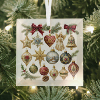 Kerstcollage vierkant glazen ornament in vintage s