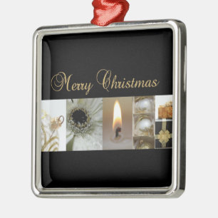 Kerstcollage Zwart, Wit en Goud Metalen Ornament