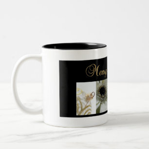 Kerstcollage zwart, wit en goud tweekleurige koffiemok