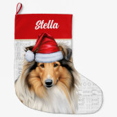 Kerstcollie Dog met naam Wof Background Grote Kerstsok (Voorkant)