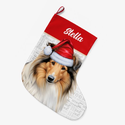 Kerstcollie Dog met naam Wof Background Grote Kerstsok (Voorkant (Hangend))