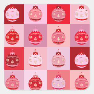 Kerstcontrole - Roze en rode geruite Ornamenten Vierkante Sticker
