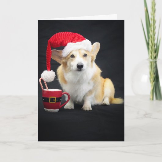 Kerstcorgi in muts met beker en suikerstok kaart (Voorkant)