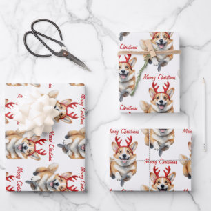 Kerstcorgi met rendiergewei inpakpapier vel