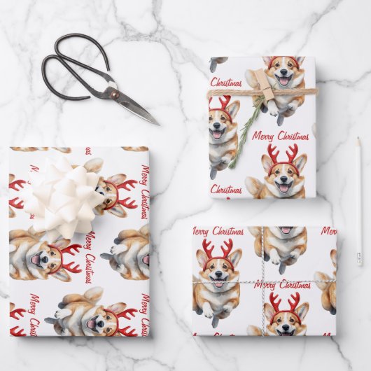Kerstcorgi met rendiergewei inpakpapier vel (Voorkant)