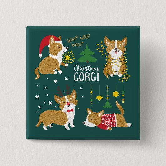 Kerstcorgi | Wof Wof Wof Vierkante Button 5,1 Cm (Voorkant)