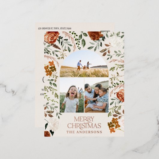 Kerstcrème botanisch elegant hert 3 foto foi folie feestdagen briefkaart (Voorkant / Achterkant)