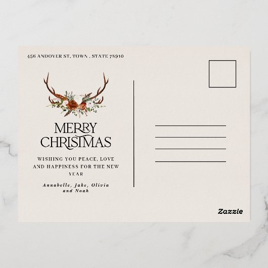 Kerstcrème botanisch elegant hert 3 foto folie feestdagen briefkaart (Achterkant)