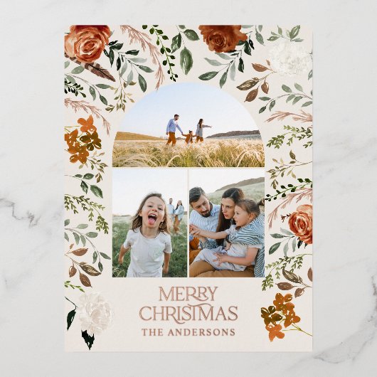 Kerstcrème botanisch elegant hert 3 foto folie feestdagen briefkaart (Voorkant)