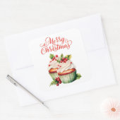 Kerstcupcake met hulstbes vierkante sticker (Envelop)