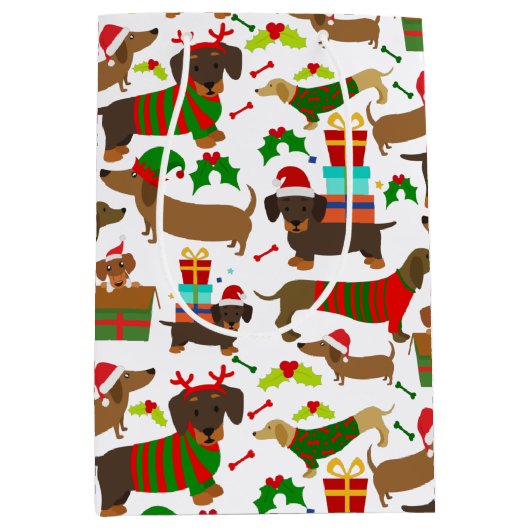 Kerstcute dachshund Dog Patroon Medium Cadeauzakje (Voorkant)