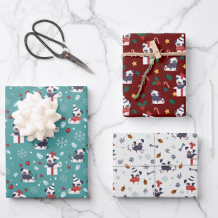 Kerstcute Pug Dog feestelijke drie kleuren Inpakpapier Vel