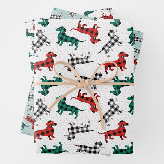 kerstdachshonden in Red Flannel Buffalo Pset Inpakpapier Vel (In situ)