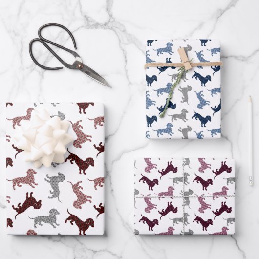 kerstdachshunds in Damask Inpakpapier Vel (Voorkant)