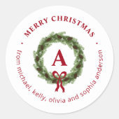 Kerstdags monogram dennentak krans ronde sticker (Voorkant)